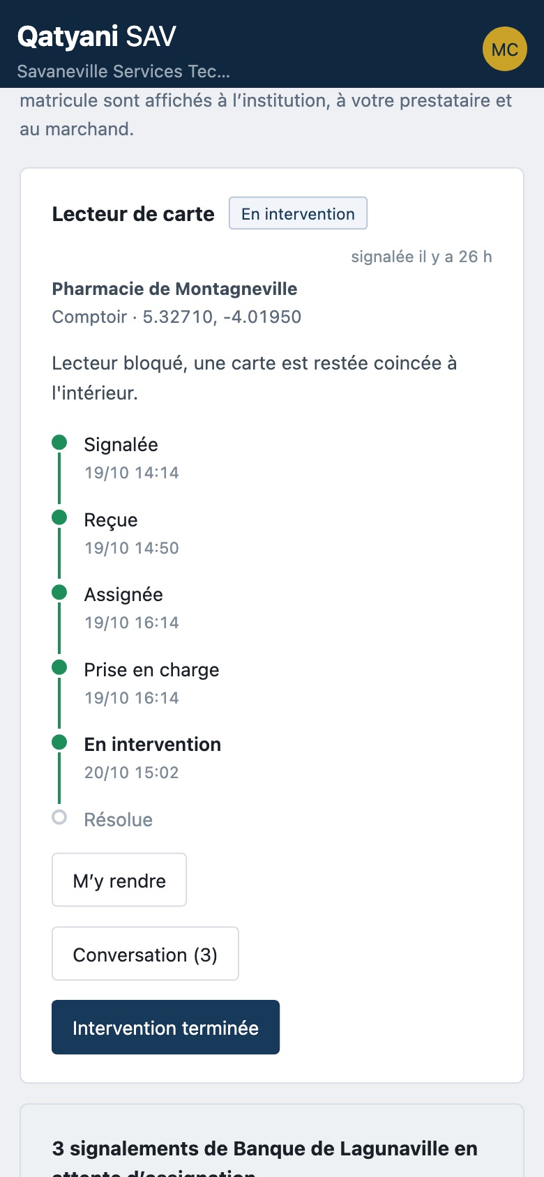 Qatyani SAV sur téléphone : le technicien suit son intervention, étape par étape